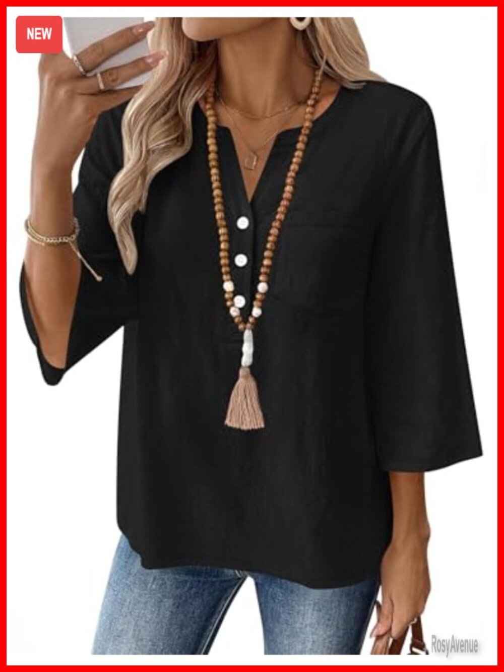 Linen Blend 3/4 Sleeve Button Down Top V-Neck Summer Business Casual